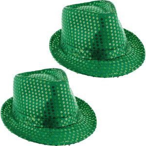 Toppers - Funny Fashion Carnaval verkleed Trilby hoedje met glitter pailletten - 2x - groen - heren/dames