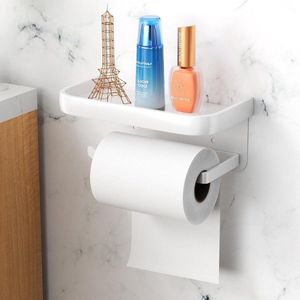 Toiletpapierhouder van aluminium met ruime planken - Zelfklevende wandpapierhouder voor badkamer en keuken - Wit
