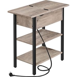 EBG342BZ01 bijzettafel, opklapbare banktafel met laadstation en opbergruimte, smal nachtkastje voor kleine ruimtes, slaapkamer, woonkamer, stevig, grijs-zwart