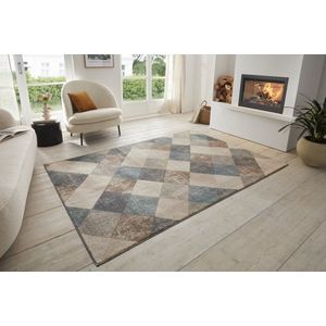 Flycarpets Terrain Vloerkleed - Beige / Blauw - Laagpolig Woonkamer Tapijt - 120x170 cm