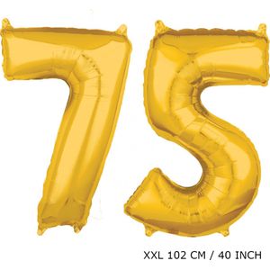 Mega grote XXL gouden folie ballon cijfer 75 jaar. Leeftijd verjaardag 75 jaar. 102 cm 40 inch. Met rietje om ballonnen mee op te blazen.