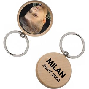 Houten sleutelhanger rond met naam / foto bedrukken - Foto cadeau, naam kado,