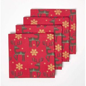 Set van 4 rode servetten rendieren design 45 x 45 cm 100% katoen Kerst rode rendieren Kerstservetten set