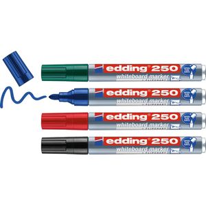 Edding whiteboardmedding 250 whiteboardmarker set - zwart, rood, blauw, groen - 4 whiteboardstiften - ronde punt 1,5 - 3 mm - boardmarker uitwisbaar - voor whiteboard, flipchart, prikbord, memobord - navulbaar