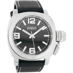 OOZOO Timepieces - Zilverkleurige horloge met zwarte leren band - OS023