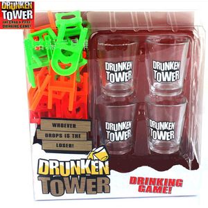 SET Drankspel STOELEN Stapelen Jenga Drunken Tower Vallende Stoelen - Tipsy Tower Gezelschapsspel incl 4 shotglaasjes - Nieuw Drank Spel