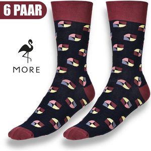 More Fashion - Elegante Heren Sokken Maat 39 40 41 42 - 6-Pack - Leuke Print - Kleurrijk Casual Extravagant - 65% Katoenen Sokken - Navy Blauw Bordeaux - MADE IN EU