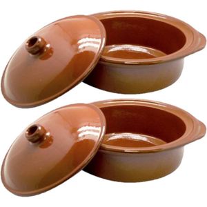 Set van 2x stuks tapas terracotta ovenschalen/stoofpotten cocotte met deksel 26 cm - Braadpannen van steen