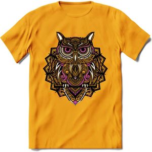 Uil - Dieren Mandala T-Shirt | Roze | Grappig Verjaardag Zentangle Dierenkop Cadeau Shirt | Dames - Heren - Unisex | Wildlife Tshirt Kleding Kado | - Geel - XXL