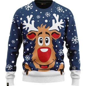JAP Christmas Kersttrui voor kinderen (maat 146/152/158) - 100% Gerecycled - Kriebelt niet - Kerstcadeau - Foute Kersttrui jongens en meisjes (11/13 jaar) - Rudolf het Rendier - Donker blauw
