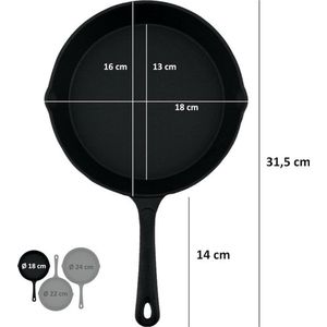 3-delige gietijzeren braad- en steakpannenset, Ø 16 cm, Ø 20 cm, Ø 24 cm, gietijzeren pan, grillbraadpan, braadpan, steakpan, vleespan, pannenset, gietijzeren pannetjeset