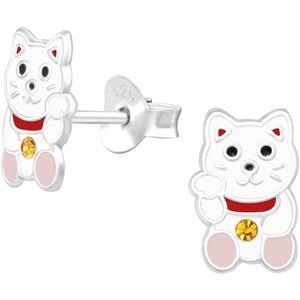 Joy|S - Zilveren kat poes oorbellen - wit met rode halsbandje - geel kristal - 6 x 9 mm