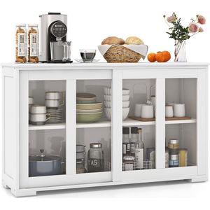 Dressoir, Keukenkast met Glazen Schuifdeuren en Verstelbare Plank, Opbergkast voor Keuken, Eetkamer, Woonkamer, 107 x 33 x 62,5 cm (Wit)