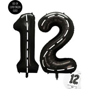 Cijfer Helium Folie Ballon XXL - 12 jaar cijfer - Zwart - Wit - Race Thema - Formule1 - 100 cm - Snoes