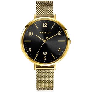 ZINZI horloge SOPHIE zwarte wijzerplaat met datum, goudkleurige kast 38mm, stalen mesh band 14mm ZIW1443