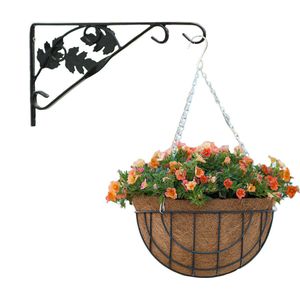 Hanging basket met muurhaak sierblad groen en kokos inlegvel - metaal - complete hanging basket set