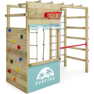 WICKEY klimtoestel outdoor speeltoestel Smart Action met pastelblauw zeil, speeltoestel met klimwand, basketbalring & speelaccessoires voor kinderen in de tuin van hout