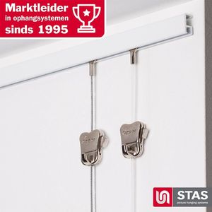 STAS Schilderijrail - Ophangsysteem Schilderijen / Fotolijsten / Poster - Ophangrails - Zonder Boren - Ophanghaak - Ophangrek - Schilderijrail - Minirail - Wit - 300 cm - Complete Kit