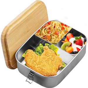 Broodtrommel met 3 vakken - Roestvrijstalen broodtrommel - Bamboe deksel - 1200 ml - Lekvrij - Voor volwassenen en kinderen - Bestekset - Lunchbox voor school picknick uitstapje