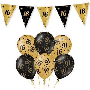 16 Jaar Verjaardag Decoratie Versiering - Feest Versiering - Vlaggenlijn - Ballonnen - Klaparmband - Man & Vrouw - Zwart en Goud
