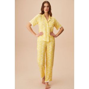 Suwen- Viscose Dames Pyjama- Luxe Pyjamaset- Satijn Geel Maat XXL