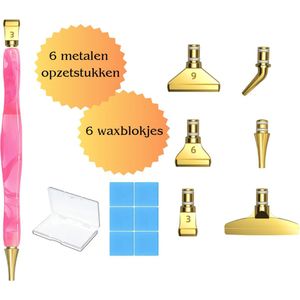 Luxe Diamond painting Pen met 6 Metalen opzetstukken Goud kleur incl. opbergdoos, 6 x Waxblokjes en Opbergbakje Roze