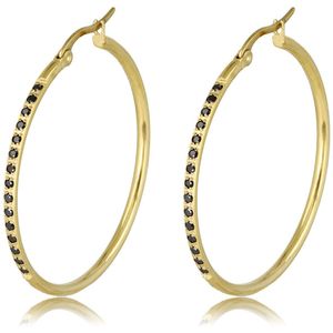 My Bendel Goudkleurige oorbellen zwart zirkonia 40mm x 2mm - Goudkleurige oorringen met zwarte steentjes 40mm - Met luxe cadeauverpakking