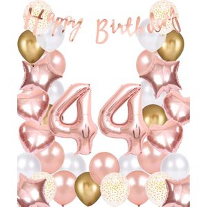 Snoes Ballonnen 44 Jaar Rose Gold White Dots - Compleet Feestpakket met cijfer ballon 44 jaar - Verjaardag Versiering Slinger Happy Birthday – Folieballon – Latex Ballonnen - Helium Ballonnen - Rose Feestpakket