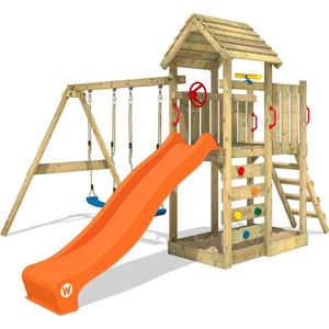 WICKEY speeltoestel klimtoestel MultiFlyer met houten dak, schommel & oranje glijbaan, outdoor klimtoren voor kinderen met zandbak, ladder & speel-accessoires voor de tuin
