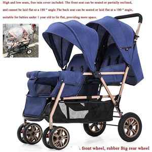 Dubbele Kinderwagen - Tweeling Kinderwagen - Duo Buggy - Duo kinderwagen - 2 Omvormbare Zitjes - en Reiswiegjes - Blauw Goud