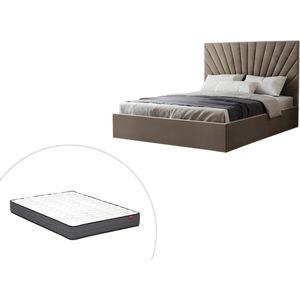 PASCAL MORABITO Bed met opbergruimte 160 x 200 cm - Fluweel - Taupe + matras - RILIODA L 173 cm x H 120 cm x D 214 cm