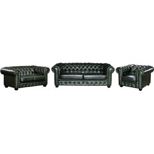 LINEA SOFA Driezits- en tweezitsbank en fauteuil Chesterfield BRENTON 100% buffelleer - Keizergroen L 201 cm x H 73 cm x D 96 cm