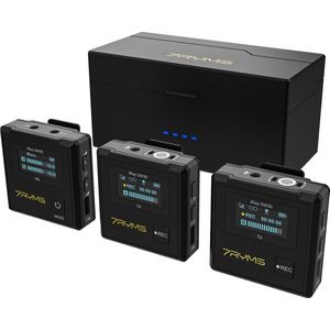 7RYMS iRay DW30 Draadloze microfoon-set met On-Board recording - Met 3.000 mAh oplaadbox - Microfoon met 2 zenders - On-Board recording - Geschikt voor o.a. smartphone / tablet / camera / PC - Dasspeld microfoon - Plug&Play - Zwart