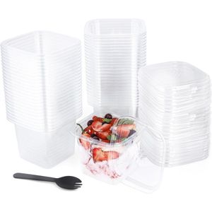 Belle Vous 50 Pack of Clear Plastic Dessert Cups and Sporks - 400ml/13.5oz Reusable Square Cups & Lids - Appetiser Serving Bowls for Parfait, Mousse, Weddings, Birthday Parties, Fruit and Pudding