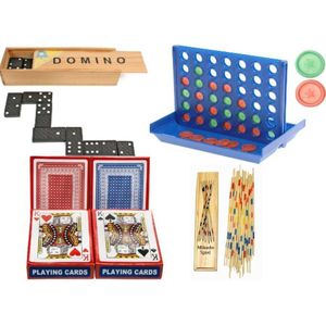 Spellen pakket vakantie reis spelletjes editie - 5 delig - mikado, kaartspellen 2x, domino & 4 op een rij