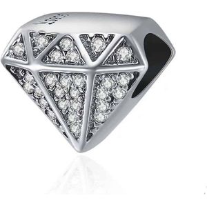 Jubileum - Zilveren bedels - Bedel Diamant | Bead briljant vorm met zirkonia | 925 Sterling Zilver - Geschikt voor alle merken - 925 Zilver Certificaat - In Leuke Cadeauverpakking - Moederdag kado
