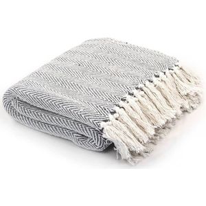 Plaid Deken Visgraat Grijs | Katoen – 160 x 210 cm – Met Franjes - Kwastjes | Decoratie – Interieur | Blanket – Sprei - Winter