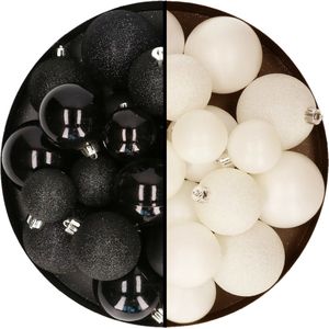 Kerstballen 60x stuks - mix wol wit/zwart - 4-5-6 cm - kunststof - kerstversiering