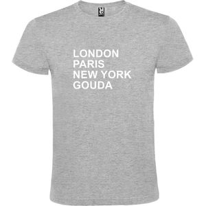 Grijs t-shirt met "" London, Paris , New York, Gouda "" print Wit size XXL
