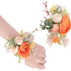 Oranje en Beige Rose Wit Lint Kunstmatige Corsage Bloem Armband Polsband Simulatie Rozen Set van 2 Stuks