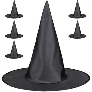 Relaxdays heksenhoed - set van 6 - zwart - tovenaarshoed - halloween hoed - verkleedhoed