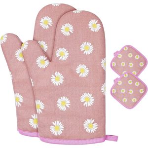 JGS ® 1 paar ovenhandschoenen en 2 pannenlappen, katoen, antislip ovenhandschoenen, wasbaar, hittebestendig tot 180 °C, kookhandschoenen voor koken, bakken, grillen (roze bloemen)