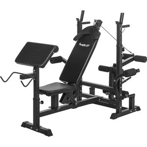 Halterbank - Home gym - Fitness bank - Arm blaster - Abs trainer - Multistation - Compleet systeem - 180 x 125 x 90-110 cm - Zwart