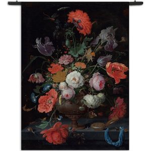 Mezo Wandkleed Abraham Mignon Stilleven met bloemen en een horloge 1660-1679 Rechthoek Verticaal XXL (250 X 180 CM) - Wandkleden - Met roedes