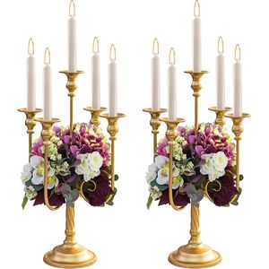Gouden kandelaar bruiloft centerpieces voor tafels, 2 stuks bloemstuk stand & 5 armen kandelaar houders voor bruiloft feest diner tafel middelpunt decoratieve woonaccessoires