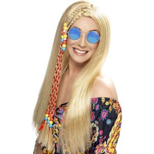 Dames Flower Power Hippie Sixties verkleed set blonde pruik en ronde blauwe bril