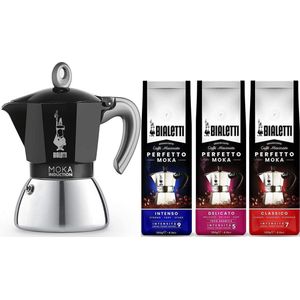 Bialetti Moka Inductie Zwart - 2-kops - 100ml + Bialetti Koffie Proefpakket 3 x 250gr