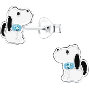 Joy|S - Zilveren hond oorbellen - 7 x 8 mm - wit met blauw en blauw kristal