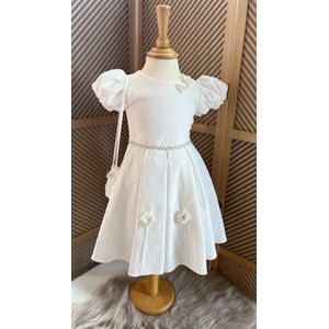 luxe feestjurk met tasje-moderne jurk voor meisjes-galajurk-vintage jurk-effen feestjurk-bruiloft-foto-verjaardag-doopsel-parels-steentjes-bloemen-creme witte kleur-katoen- 1 tem 2 jaar maat 92