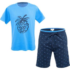 Phil & Co Shortama Heren Korte Pyjama Katoen Blauw Ananas Print - Maat XL